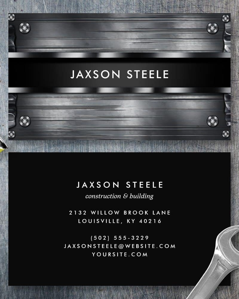Jaxson Steele construction and building business card with a metallic design.