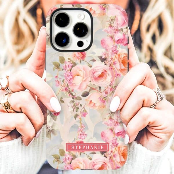 A Woman'S Hands Holding A Phone Case With A Floral Design And The Name Stephanie.