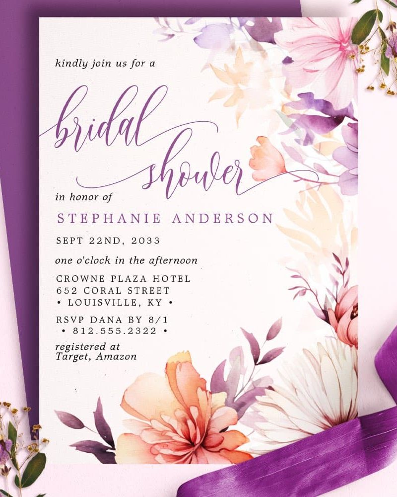 Bridal shower invitation for Stephanie Anderson, featuring watercolor flowers in shades of pink, orange, and purple.