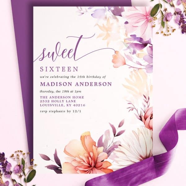 Sweet Sixteen Birthday Invitation With Floral Watercolor Design.