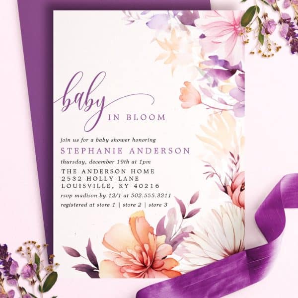 Baby Shower Invitation With Watercolor Flowers In Shades Of Purple, Pink, And Orange.