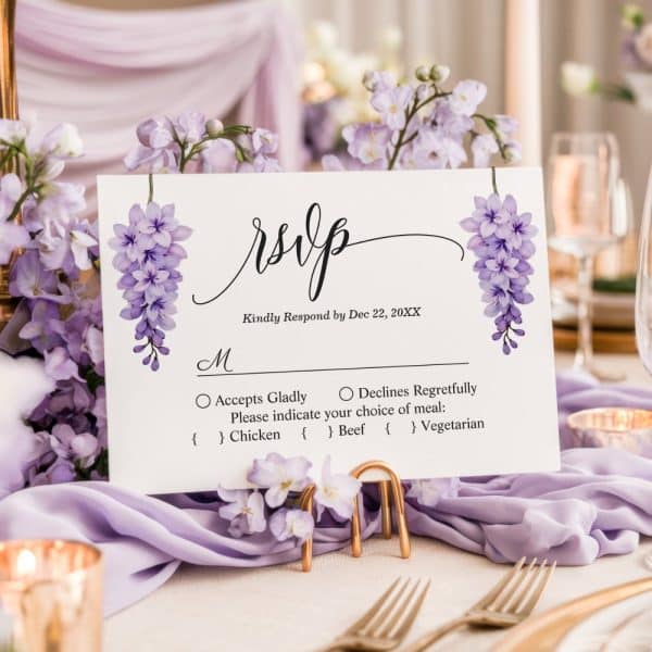 Wedding Rsvp Card With Purple Floral Accents, Requesting Response By December 22Nd And Meal Choice.