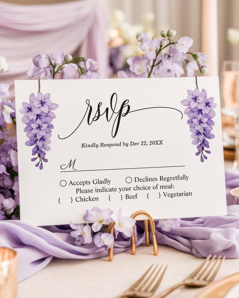 Wedding RSVP card with purple floral accents, requesting response by December 22nd and meal choice.