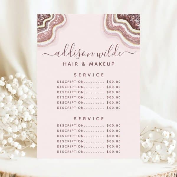 Addison Wilde Hair And Makeup Service Price List With Pink Agate Design.