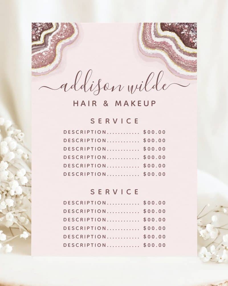 Addison Wilde hair and makeup service price list with pink agate design.