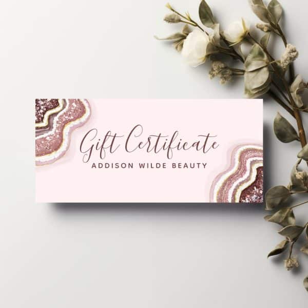 Pink Gift Certificate For Addison Wilde Beauty, Featuring A Rose Gold And Pink Agate Design.