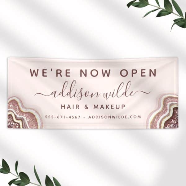 Grand Opening Banner For Addison Wilde Hair &Amp; Makeup. The Banner Features A Rose Gold And White Agate Design.