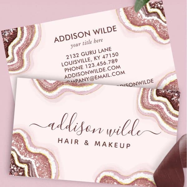 Two Pink Business Cards Featuring A Rose Gold Agate Design; The Cards Display The Name Addison Wilde And Hair &Amp; Makeup.