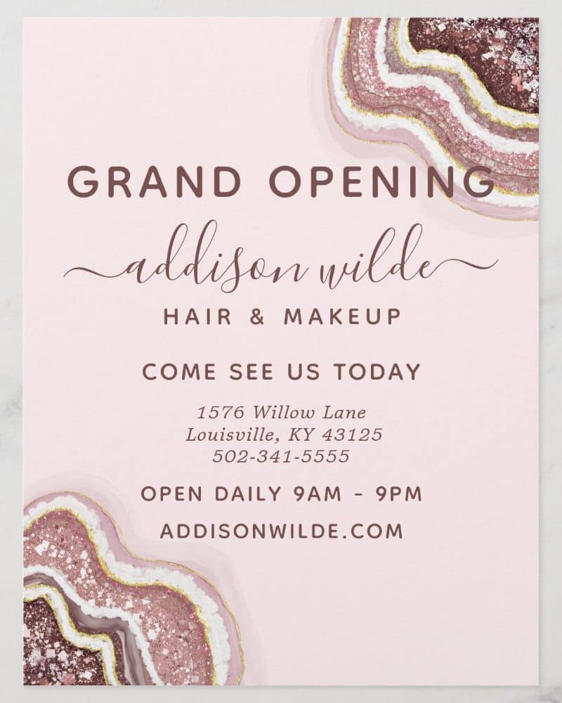 Grand opening announcement for Addison Wilde Hair & Makeup, including address and phone number.
