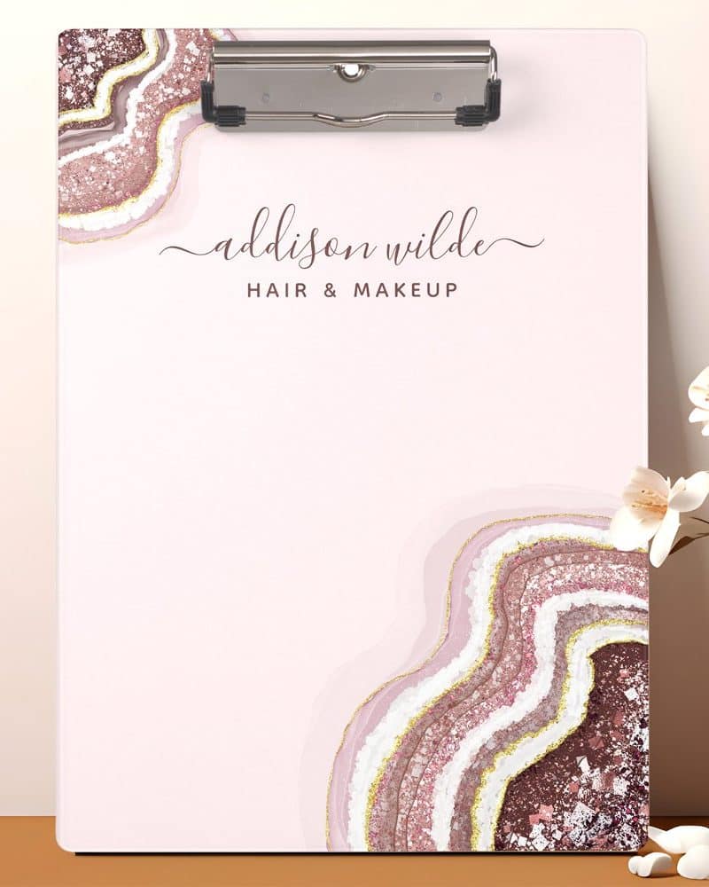 Pink clipboard with Addison Wilde Hair & Makeup logo; features a rose gold and white agate design.
