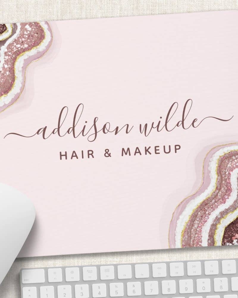 Pink mousepad with Addison Wilde Hair & Makeup in elegant script, framed by rose gold glitter agate designs.