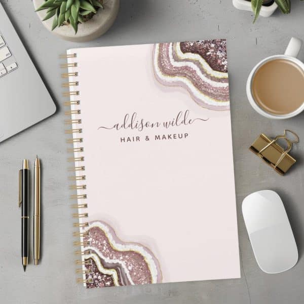 Spiral-Bound Notebook With Pink Agate Design And Addison Wilde Hair &Amp; Makeup Lettering.