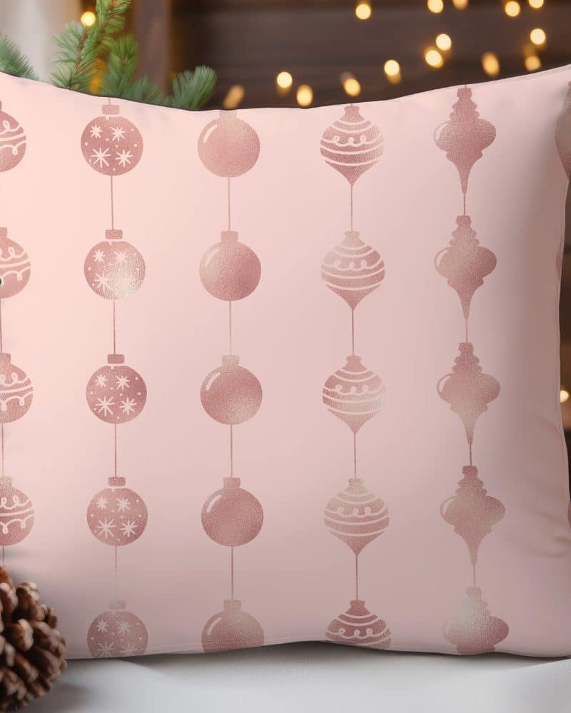 Pink throw pillow with a pattern of rose gold Christmas ornaments.