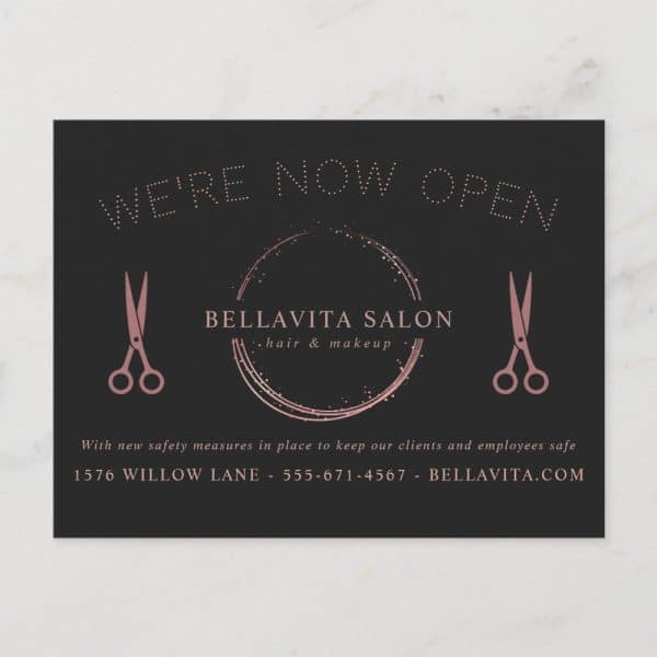 Black Announcement Card With Rose Gold Text And Graphics Announcing Bella Vita Salon Is Now Open.