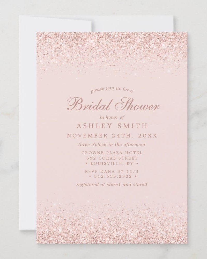 Pink bridal shower invitation with rose gold glitter border, featuring the bride's name and event details.