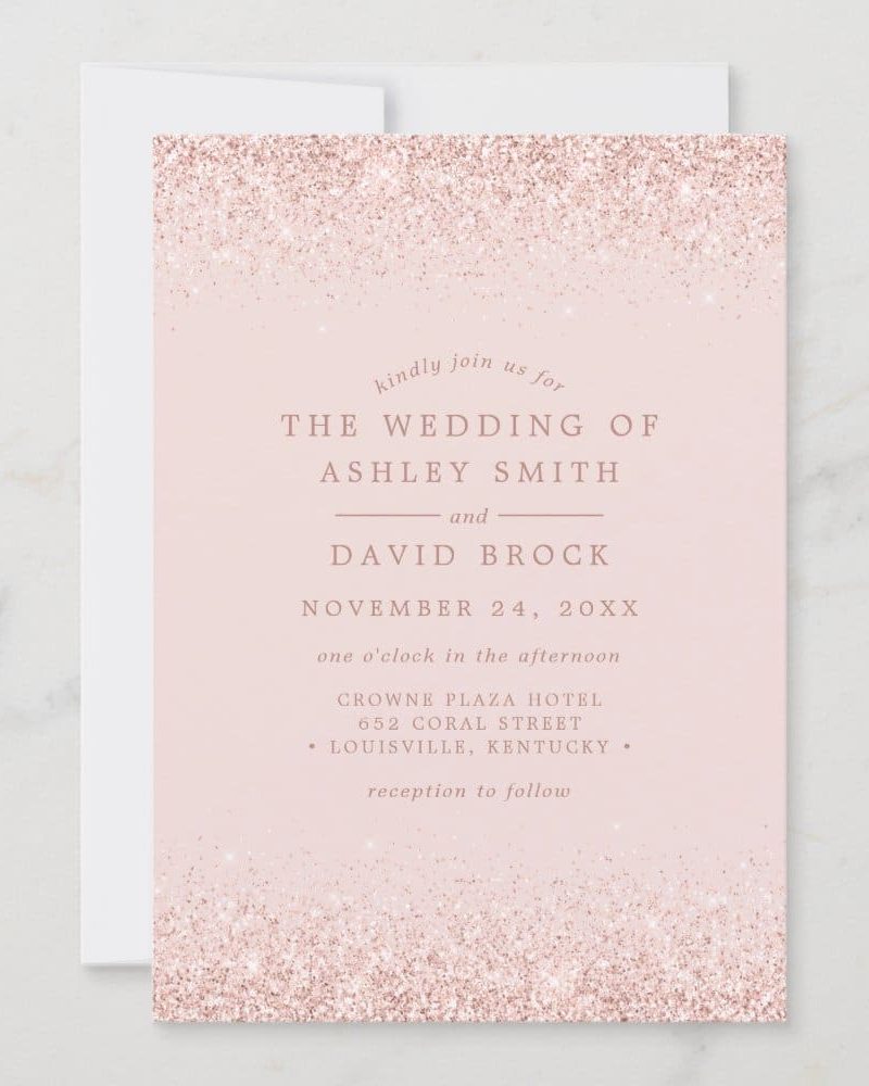 Pink glitter wedding invitation for Ashley Smith and David Brock.