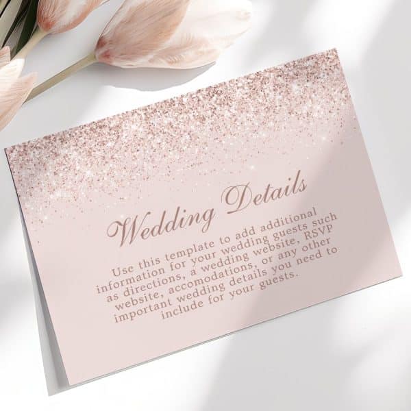 Pink Wedding Details Card With Rose Gold Glitter.