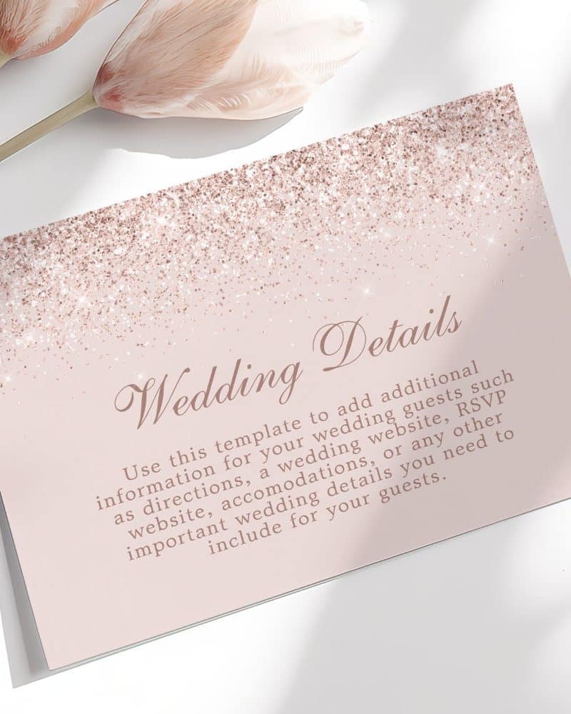 Pink wedding details card with rose gold glitter.