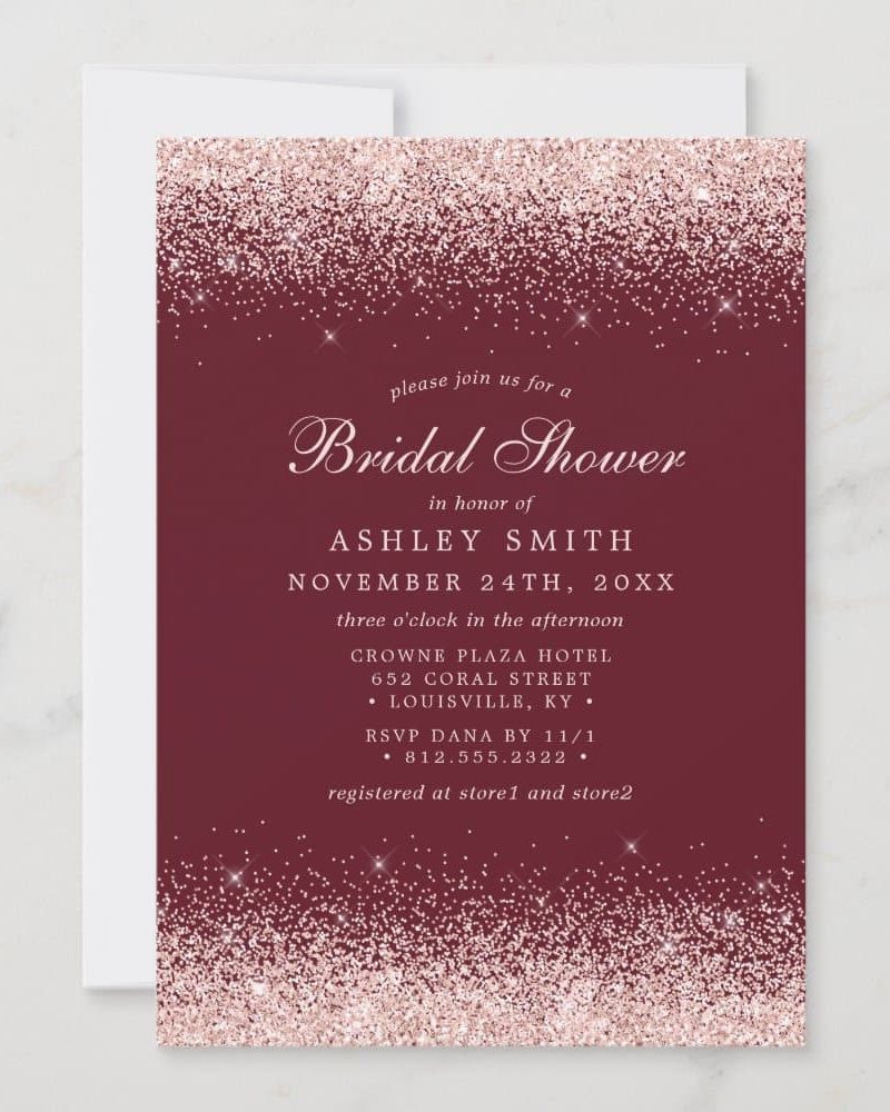 Rose gold glitter bridal shower invitation for Ashley Smith.