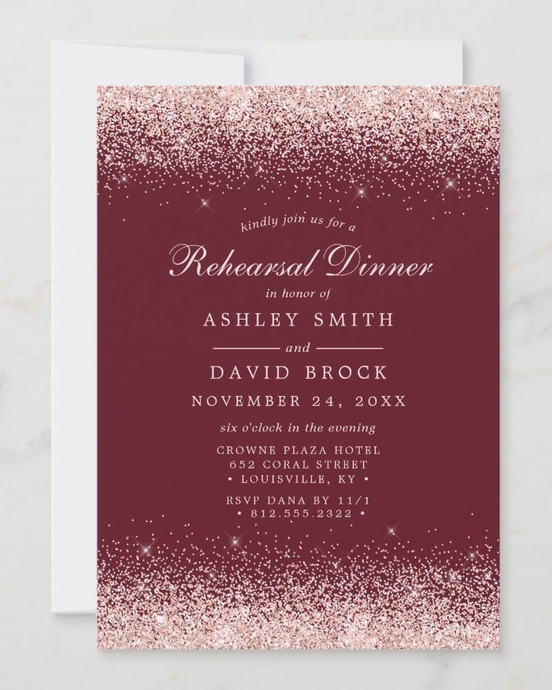 Rehearsal dinner invitation for Ashley Smith and David Brock, November 24, at the Crowne Plaza Hotel in Louisville, KY. Rose gold glitter accents.