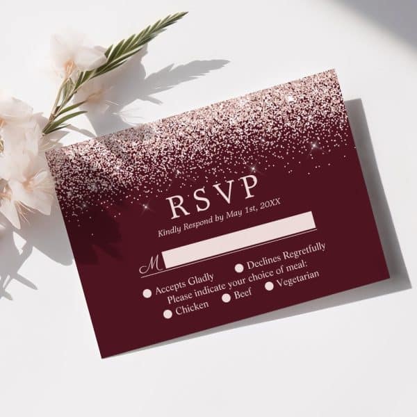 Burgundy Rsvp Card With Rose Gold Glitter, Requesting Response By May 1St.