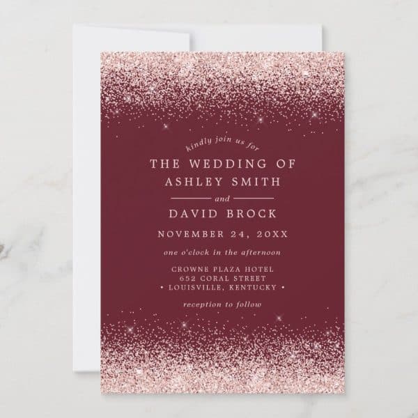 Wedding Invitation For Ashley Smith And David Brock, November 24Th. Rose Gold Glitter Accents A Burgundy Background.