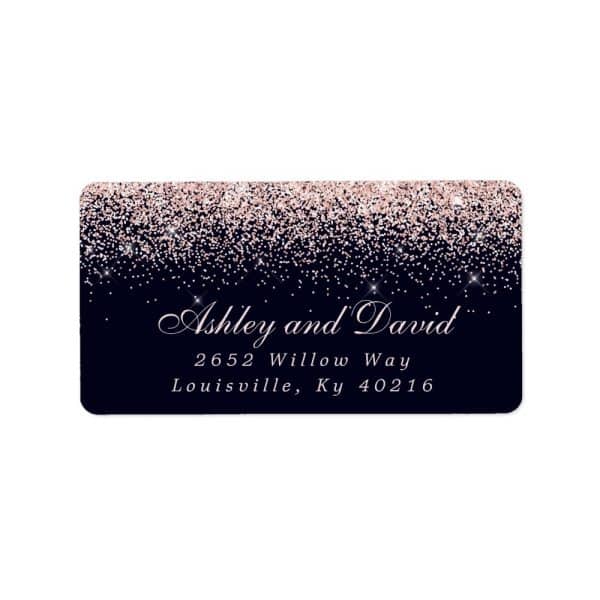 Return Address Label With Rose Gold Glitter On A Navy Background, Showing Ashley And David'S Address.
