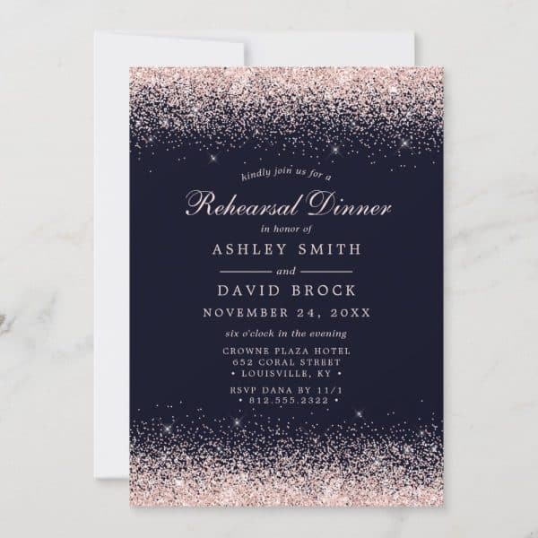 Rehearsal Dinner Invitation For Ashley Smith And David Brock, November 24Th, At The Crowne Plaza Hotel In Louisville, Ky. Rose Gold Glitter Accents A Navy Blue Background.
