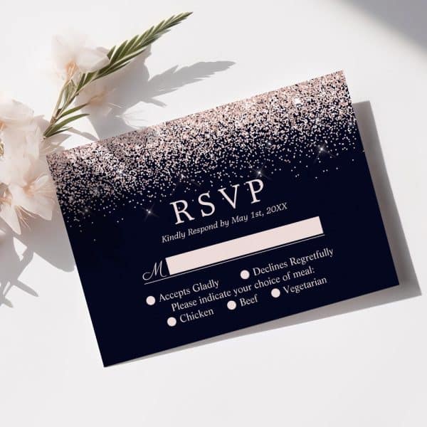 Navy Blue Rsvp Card With Rose Gold Glitter, Requesting Response By May 1St.