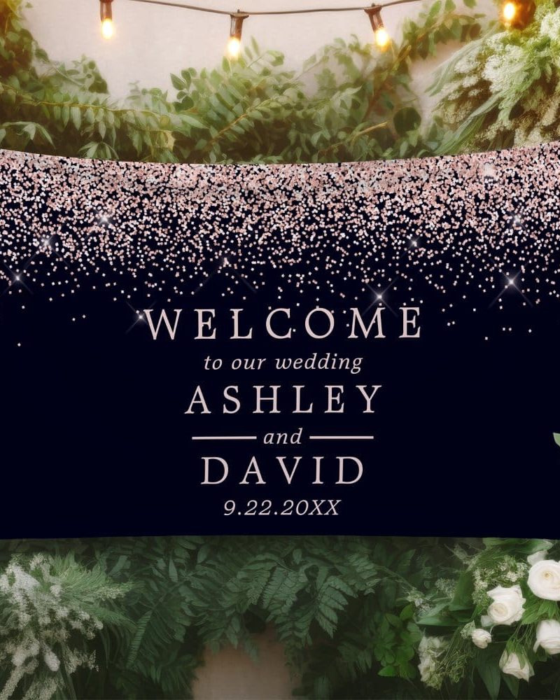 Rose Gold Confetti Navy Blue Wedding Welcome Banner