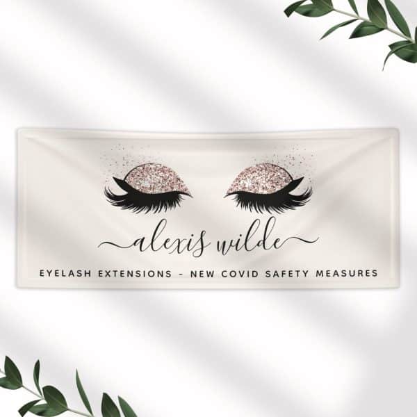 Beige Banner With A Pair Of Glitter-Covered Eyes And Long Lashes, The Name Alexis Wilde, And The Text Eyelash Extensions - New Covid Safety Measures.