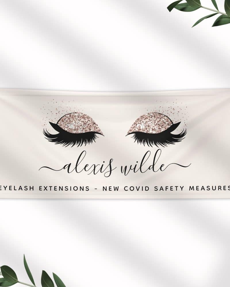 Beige banner with a pair of glitter-covered eyes and long lashes, the name Alexis Wilde, and the text Eyelash Extensions - New Covid Safety Measures.
