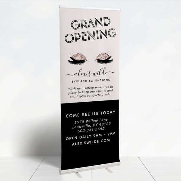 Grand Opening Retractable Banner For Alexis Wilde Eyelash Extensions. Features Stylized Eyes With Lashes And Business Information.