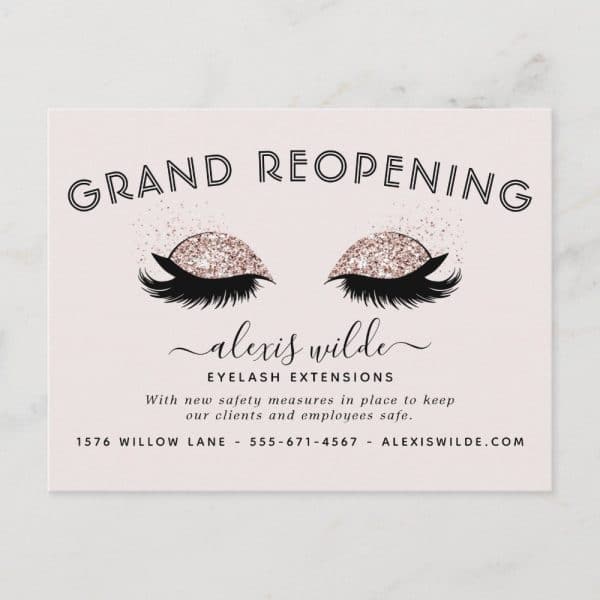 Grand Reopening Announcement For Alexis Wilde Eyelash Extensions, Featuring A Pair Of Eyes With Glitter Eyeshadow And Long Lashes.
