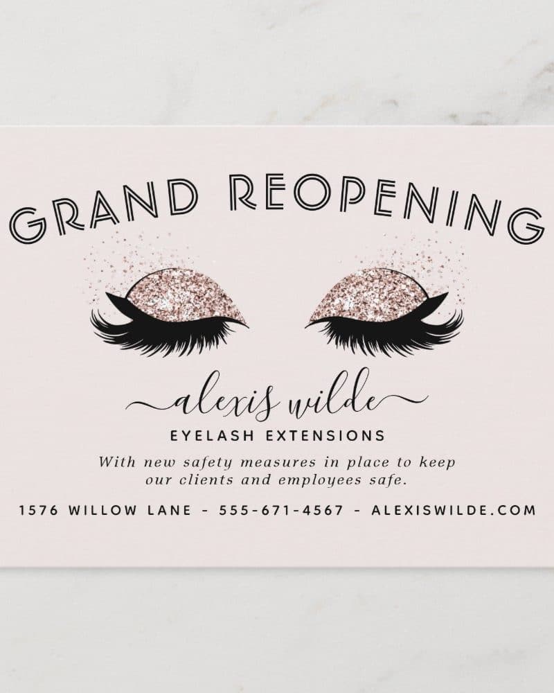 Grand reopening announcement for Alexis Wilde Eyelash Extensions, featuring a pair of eyes with glitter eyeshadow and long lashes.