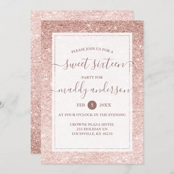Rose Gold Glitter Sweet Sixteen Invitation For Maddy Anderson.