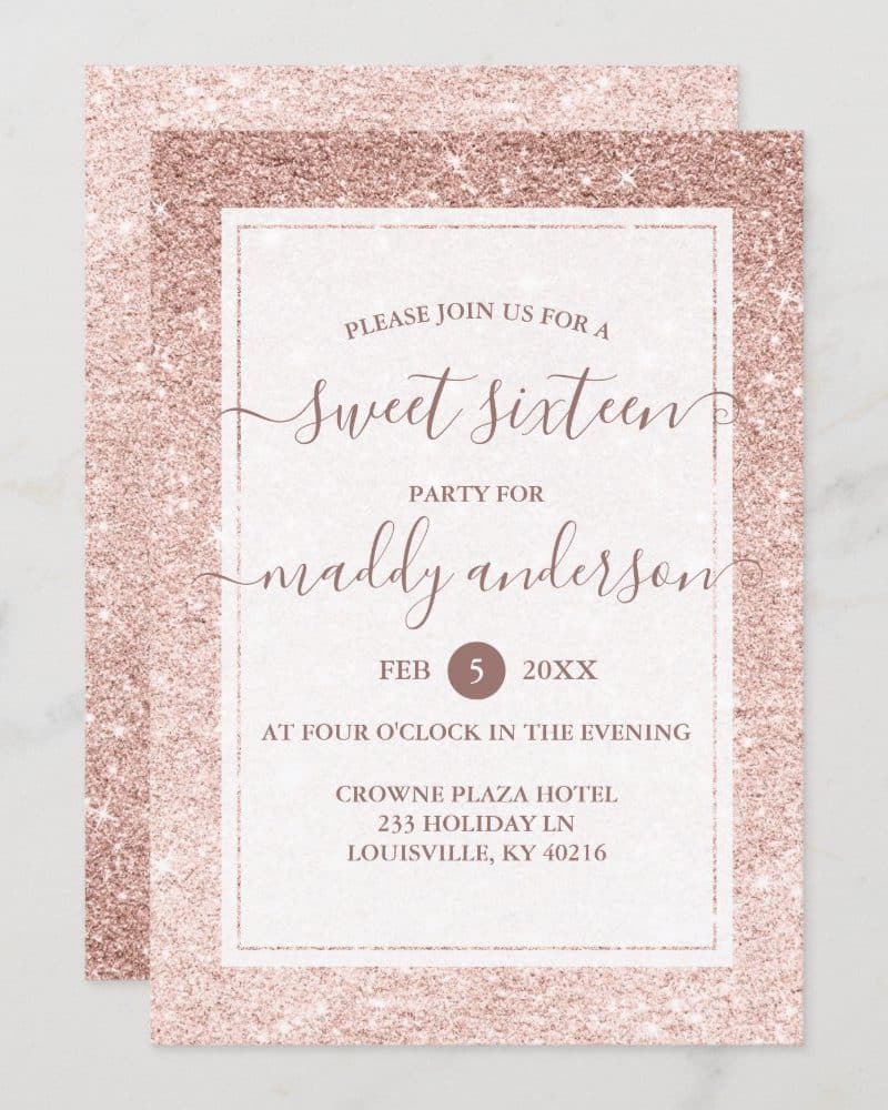 Rose gold glitter Sweet Sixteen invitation for Maddy Anderson.