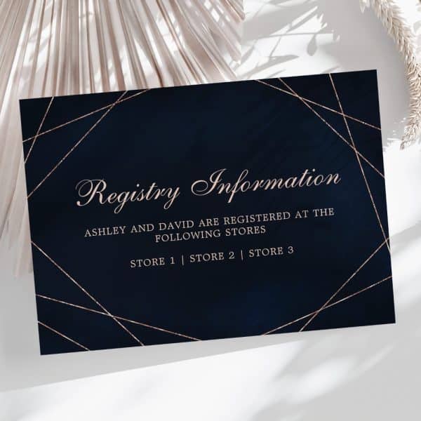 Dark Blue Wedding Registry Card With Rose Gold Geometric Lines And Text Listing Ashley And David'S Registry Information.