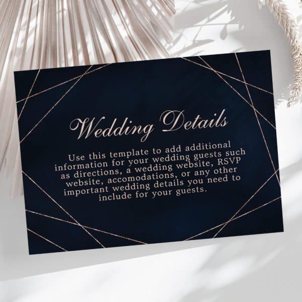 Navy Blue Wedding Details Card With Rose Gold Geometric Lines And Text.