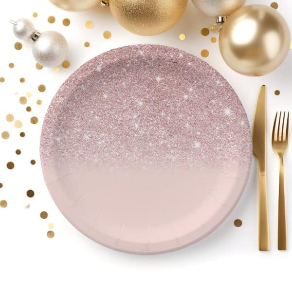 Rose Gold Glitter Ombre Paper Plate With Gold Cutlery.