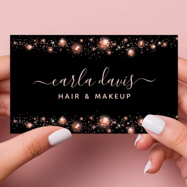 Black Business Card With Rose Gold Lettering For Carla Davis Hair &Amp; Makeup, Adorned With Rose Gold Glitter And Gemstones.