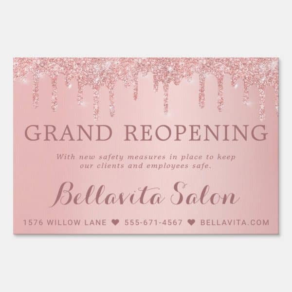 Rose Gold Glitter Drips Salon Grand Opening Sign