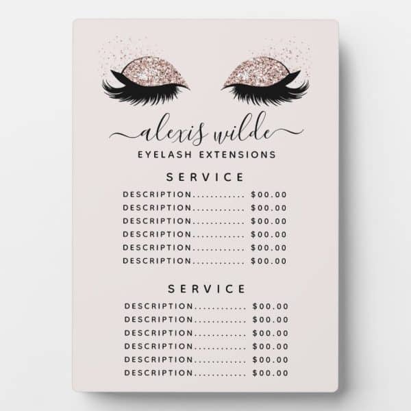 A Price List For Alexis Wilde Eyelash Extensions, Featuring A Graphic Of Glamorous Eyes With Glitter.