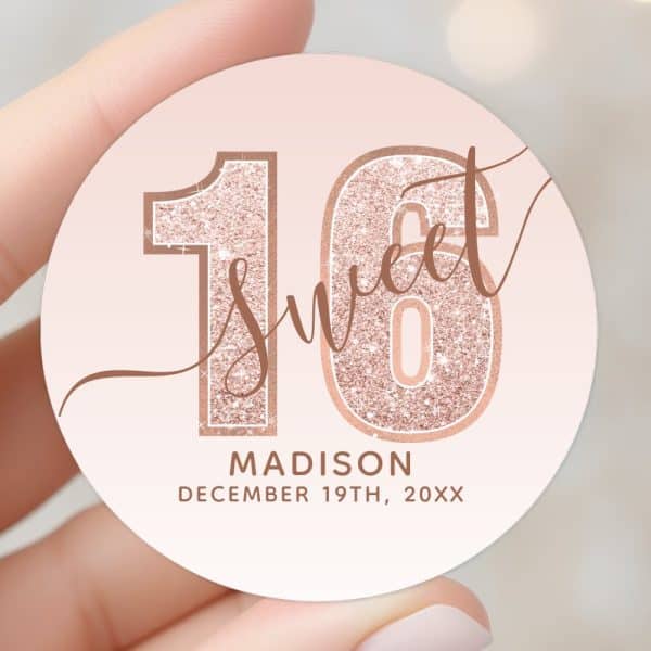 Rose Gold Glitter Sixteen Sweet Sixteen Party Favor Tag For Madison.