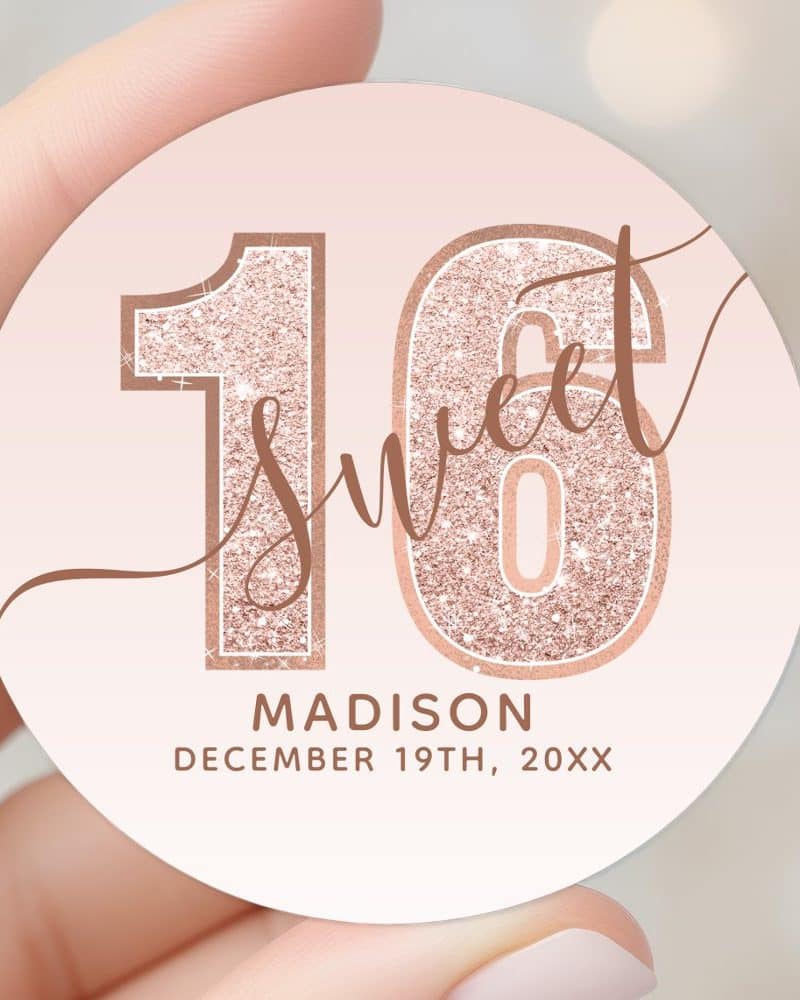 Rose gold glitter sixteen Sweet Sixteen party favor tag for Madison.