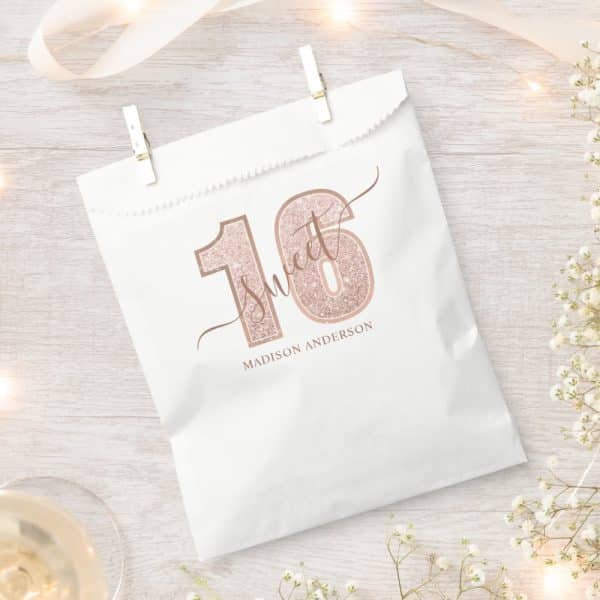 White Gift Bag With Rose Gold Glitter Sixteen And Sweet 16 Design, Personalized With A Name.