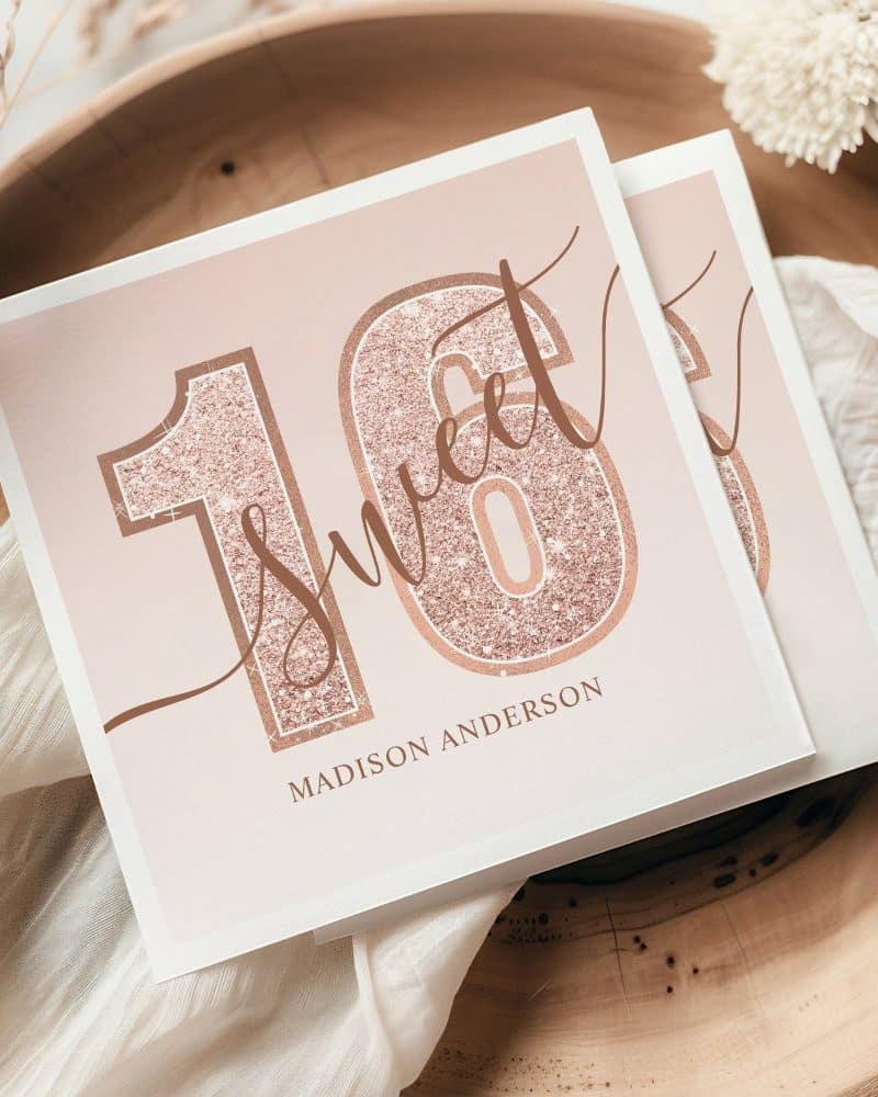 Rose gold glitter sixteen Sweet sixteen invitation for Madison Anderson.
