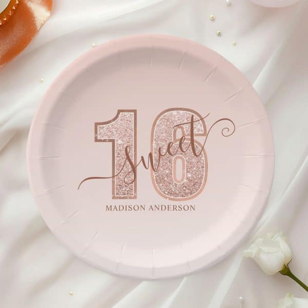 Pink Paper Plate With Rose Gold Glitter Sixteen And Sweet 16 Design, Personalized With Madison Anderson.