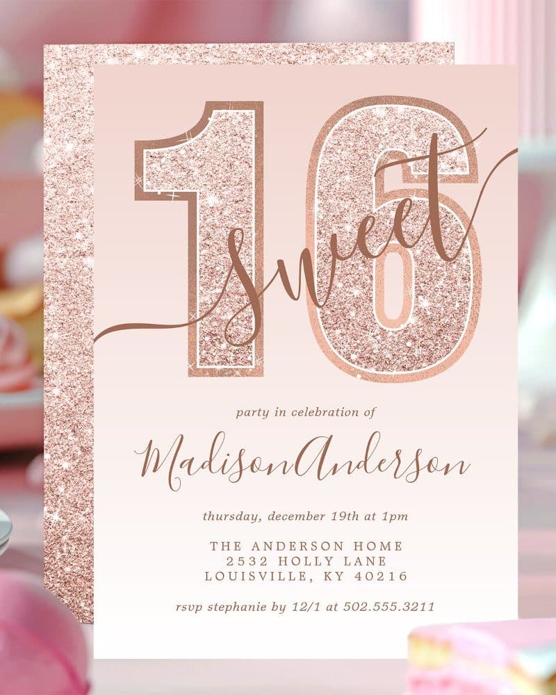 Rose gold glitter sixteen Sweet Sixteen invitation for Madison Anderson.