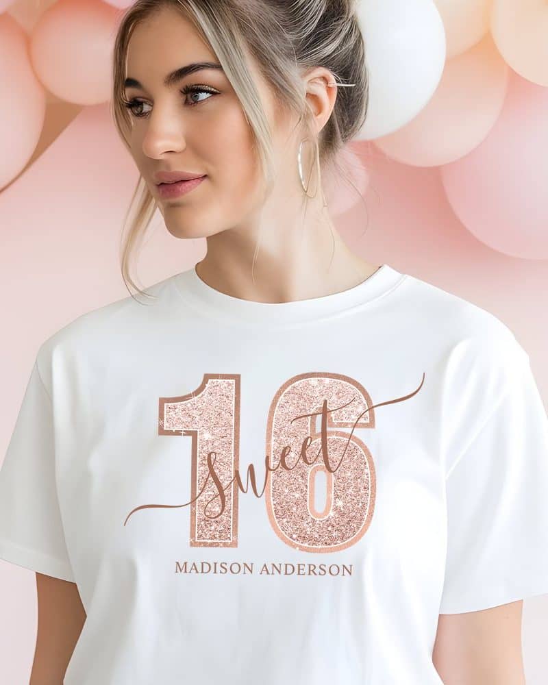 Woman wearing a white t-shirt with rose gold glitter sixteen and Sweet 16 design.